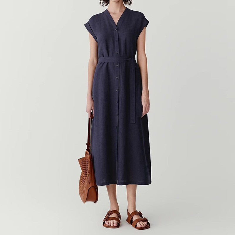 IC Xiaohe Belgium Linen Plain Medium-length dress 25 New Simple V-neck Tight Waist Slimming Elegant Commuter