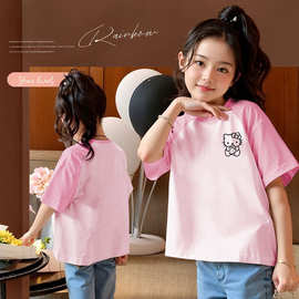 女童夏装T恤短袖2025新款中大童夏季女孩拼色半袖纯棉上衣儿童装