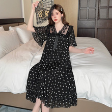 凌蕾夏季印花蕾丝蝴蝶结网纱宫廷公主风中长睡裙睡衣家居服女