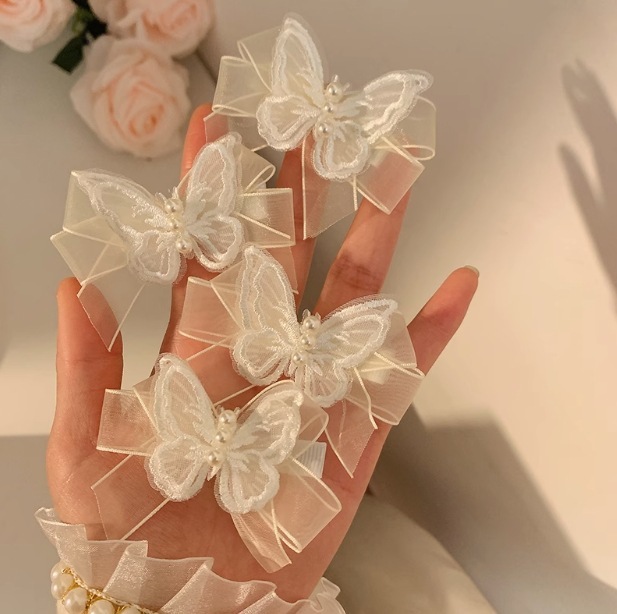 レトロなスーパーフェアリーホワイトメッシュ蝶真珠ヘアピン女性のための多用途甘いリボンヘアピン気質頭飾り|undefined