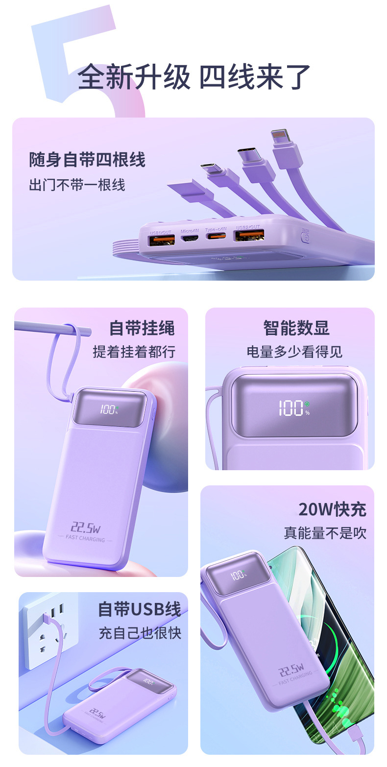3C certified cross-border wired fast charging portable charger with customized digital display slim 10000mah mobile power bank