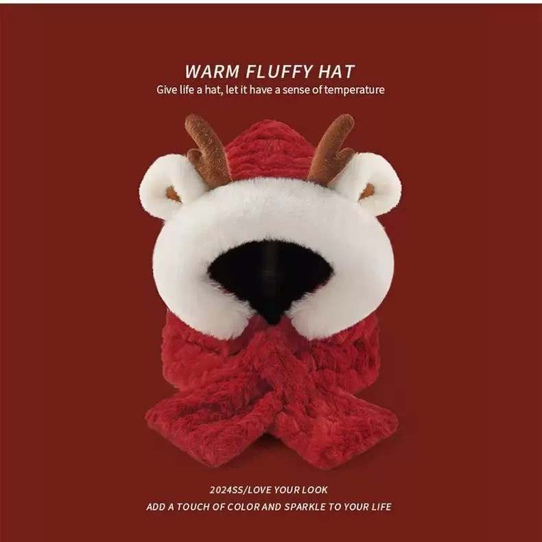 韩版卡通新年圣诞小鹿儿童帽子围巾一体毛绒秋冬季加厚保暖围脖帽