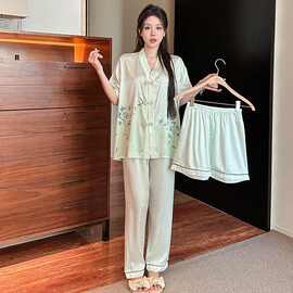 夏季睡衣女冰雪丝高级感短袖长裤三件套休闲洋气套装家居服可外穿