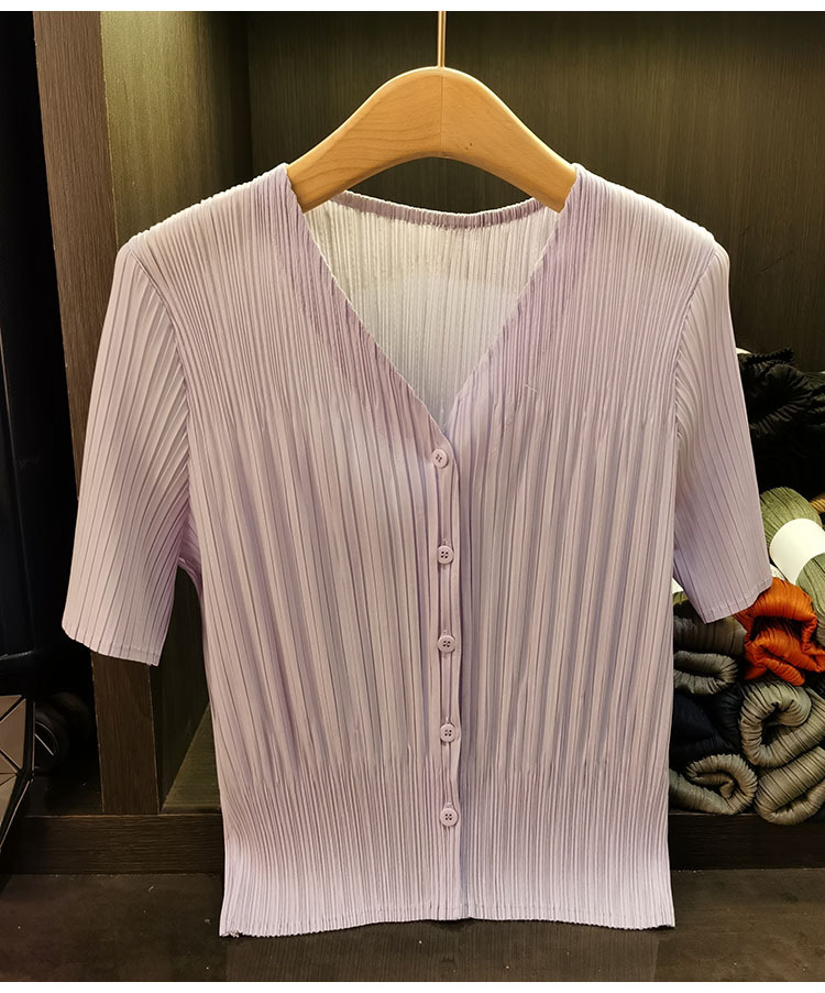 Áo cardigan cổ chữ V tay ngắn nữ phối nút đơn chất liệu mỏng mùa xuân hè — Màu xanh lục nhạt, Màu đen, Màu tím nhạt, Màu hồng chi tiết 13