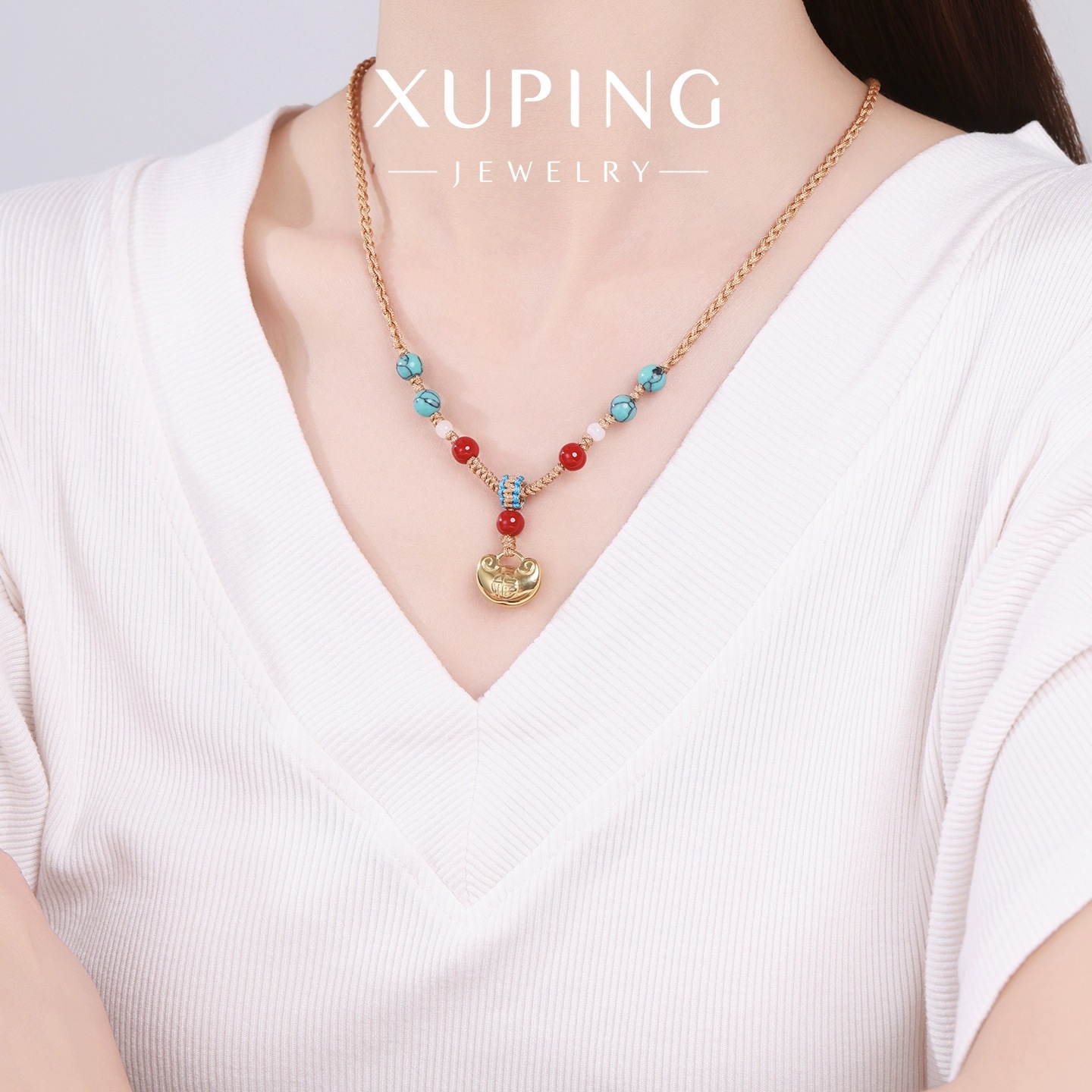 Xuping tejido a mano ajustable collar cuentas de acero inoxidable imitación de oro yuanbao collar de cuerda de tejido para mujeres image 5