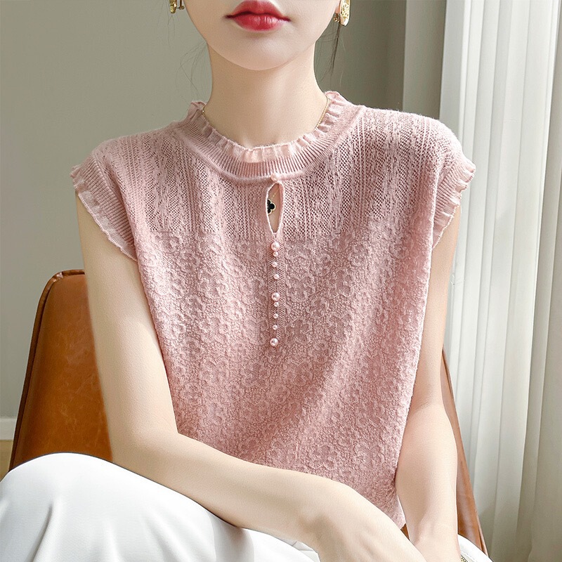 Sleeveless Spring/Summer Lace Beaded Knit Top 2026 Inner Knit Base Layer Short-Sleeve T-Shirt Top