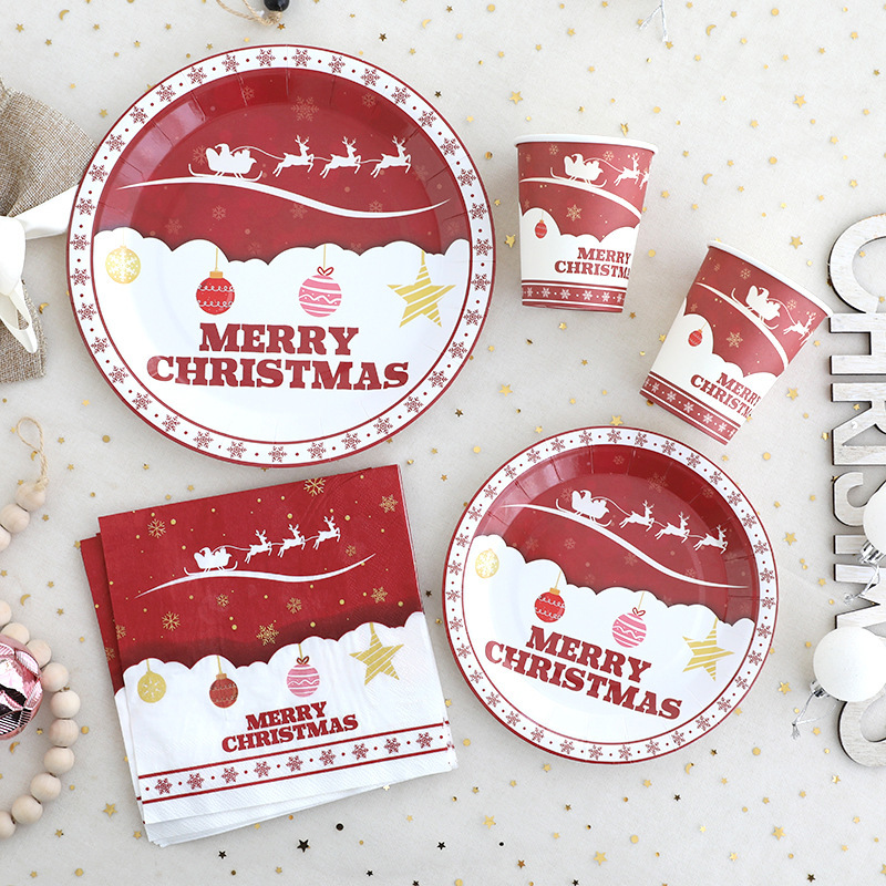 Christmas Decorative Paper Tray Paper Towel Paper Cup Christmas Disposable Tableware suit Tablecloth Red New Year Party Supplies