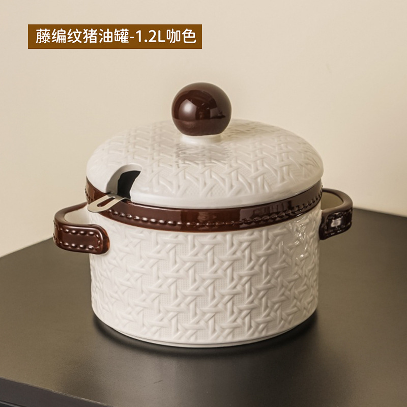 复古猪油罐家用耐高温陶瓷双耳油罐带盖带过滤网大容量调味储物罐|undefined