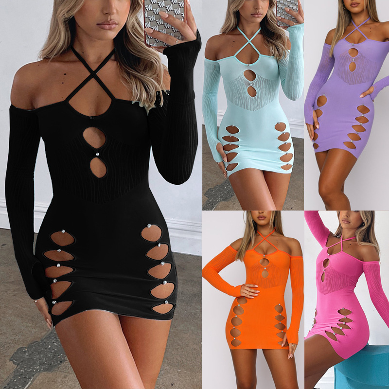 Women's mesh dress blouse spring and summer new transparent sexy mesh diamond stitching dress SU2690
