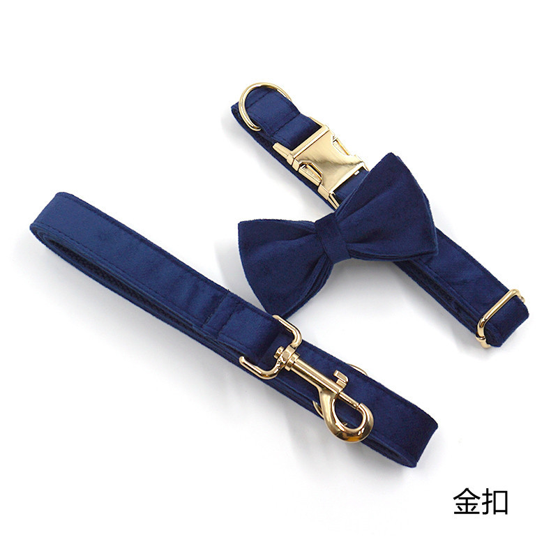 金扣藏蓝绒狗圈法斗宠物项圈蝴蝶结亚马逊批发刻字宠物项圈牵引绳