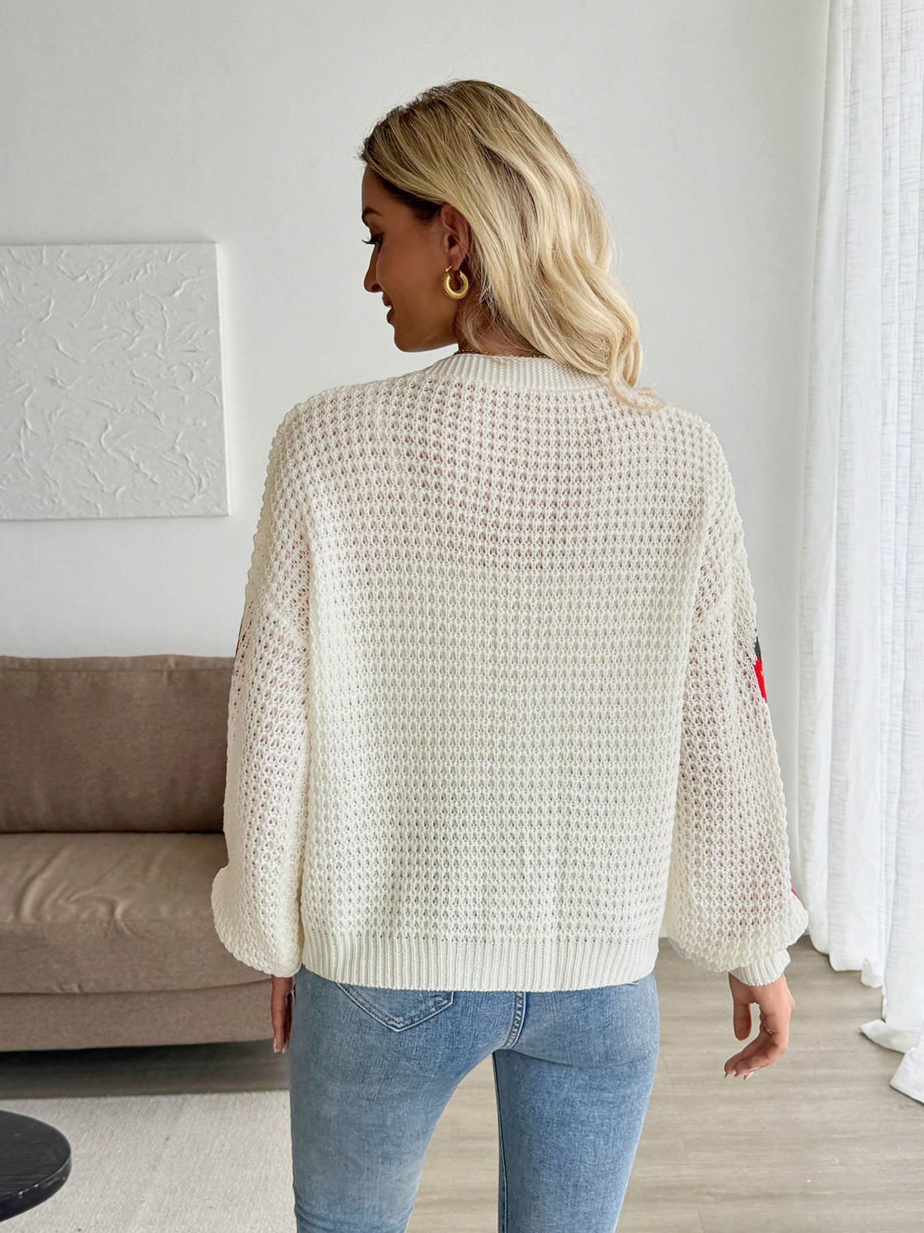 Women's Casual Cardigan Sweater With Strawberry Jacquard Pattern, Lightweight Knit Pullover, Open Front Long Sleeve Top For Spring & Fall_voghion.com