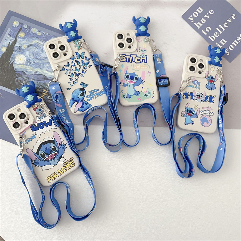 适用iPhone 15promax手机壳个性搞怪史迪仔苹果11/16公仔挂脖斜挎