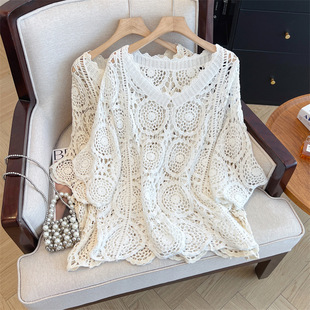 V-Neck Crochet Hollow-Out Three-Quarter Sleeve Knit Top for Women 2025 Early Spring Plus Size Vacation Style Outerwear Blouse Top