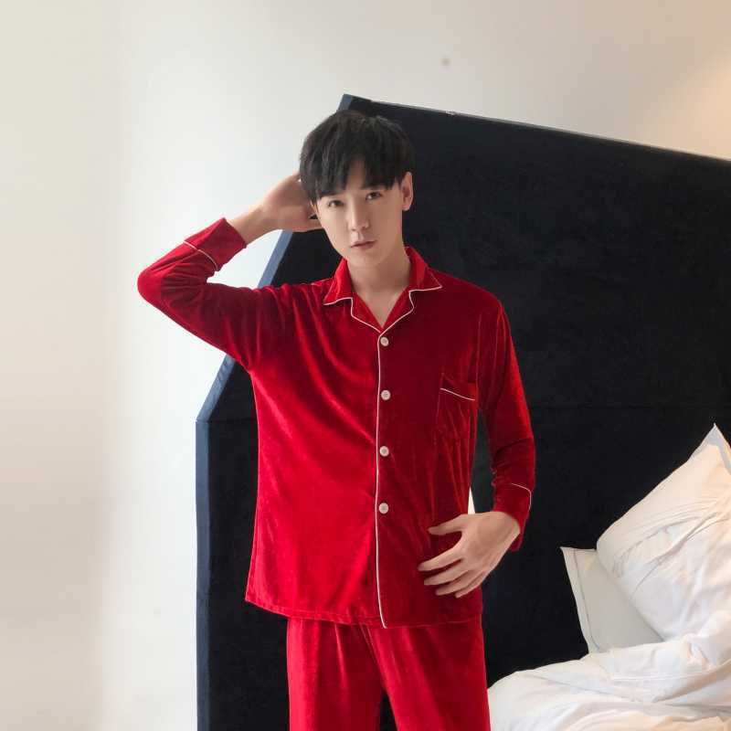 Coreano terciopelo pareja pijamas de las mujeres Otoño e Invierno de manga larga cardigan oro terciopelo cardigan simple ropa de hogar traje de los hombres más el tamaño