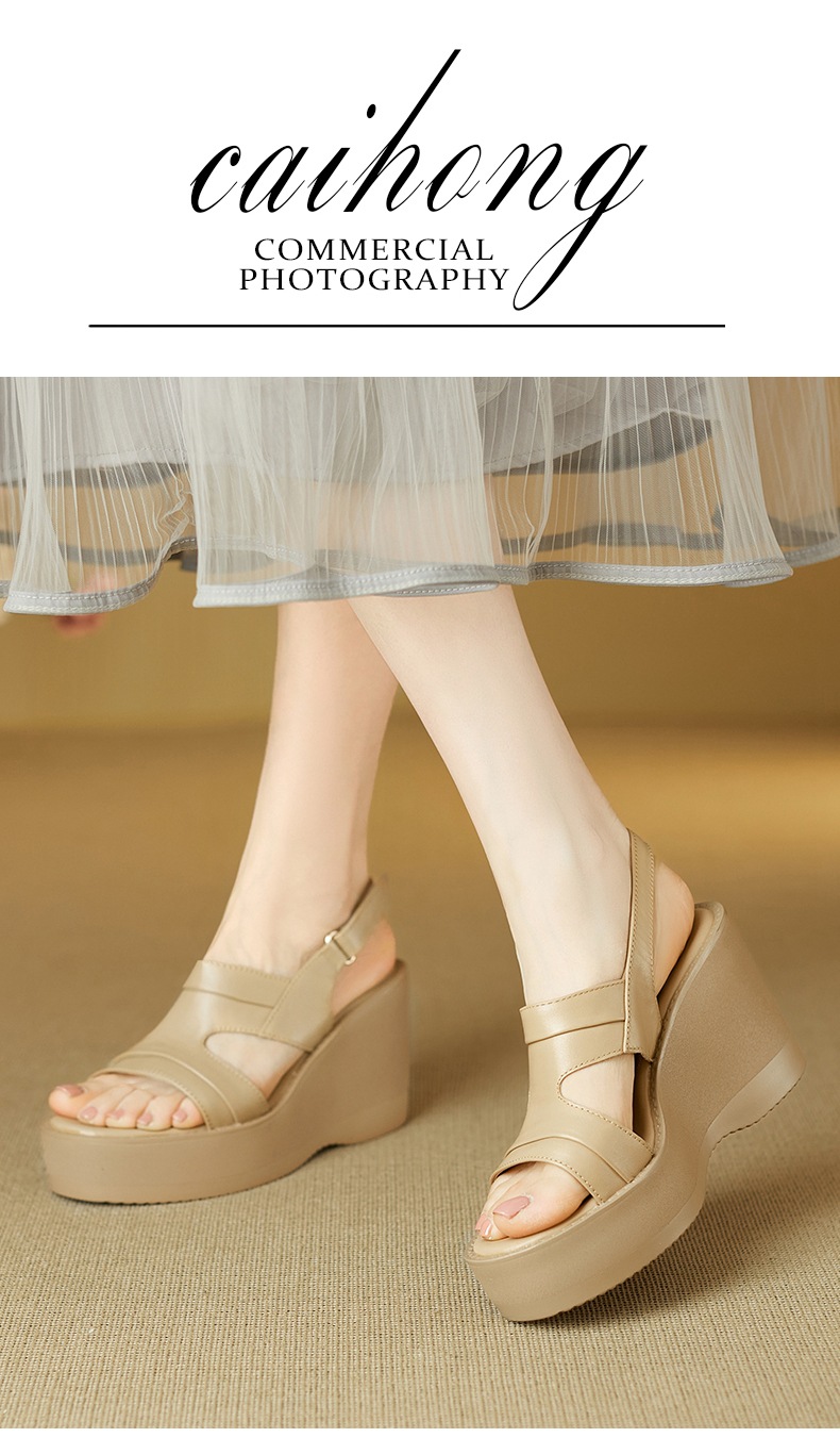Sandal nữ hở mũi đế xuồng da bò cao gót quai ngang phong cách La Mã — đen chi tiết 1