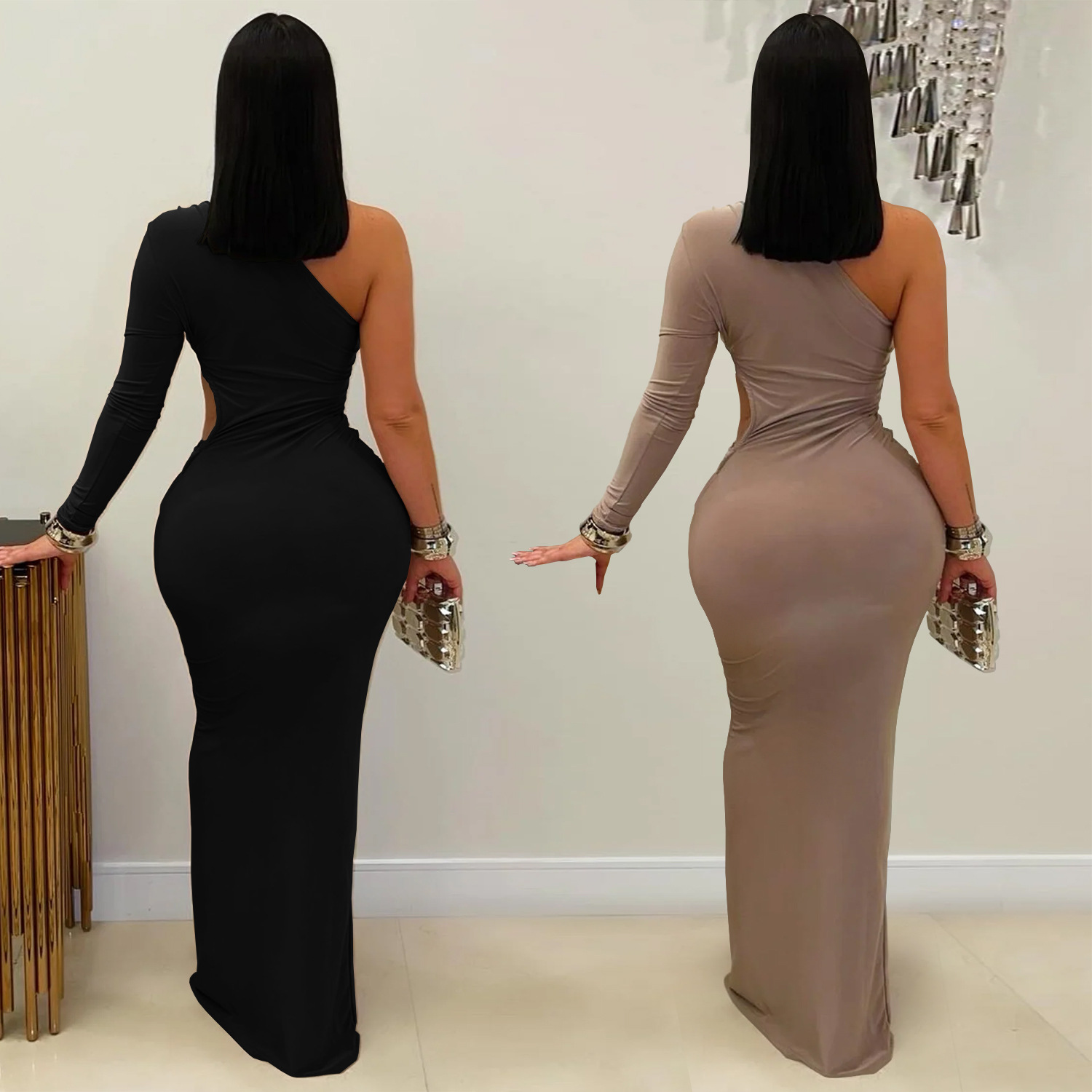 C7543 Aliexpress transfronterizo Amazon Europa y América moda de mujer sexy de hombro inclinado de manga única delgada vestido de color sólido image 3
