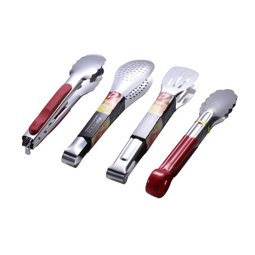 Stainless steel three-line fine card food clip thickened 9-inch 12-inch food clip bread clip red plastic red handle plum blossom clip