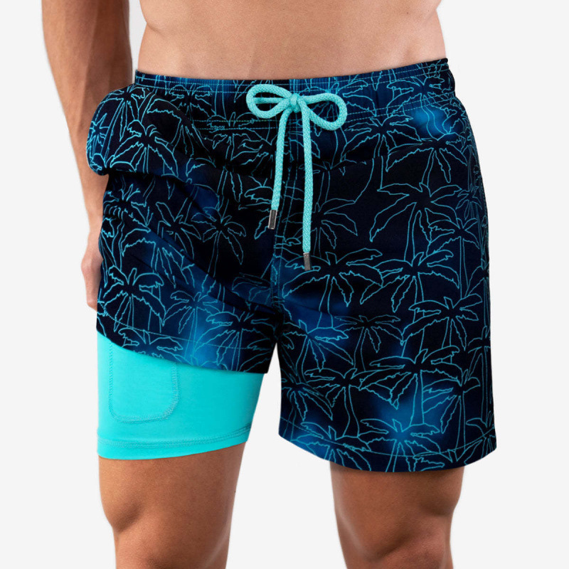 Foreign trade European and American beach shorts, sports printed double-layer shorts, casual shorts with pockets, quick-drying knee-length shorts, cross-border supply