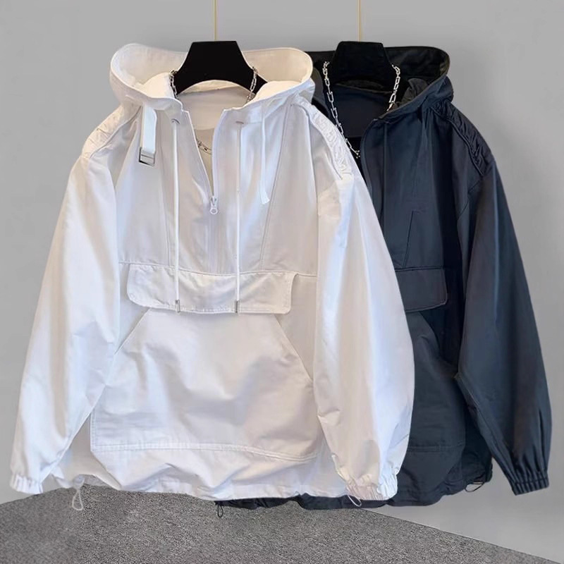 Trendy Pocket Cargo Patchwork Design Hooded Sun Protection Jacket Men's Trendy Loose Windbreaker Sweatshirt Special Price