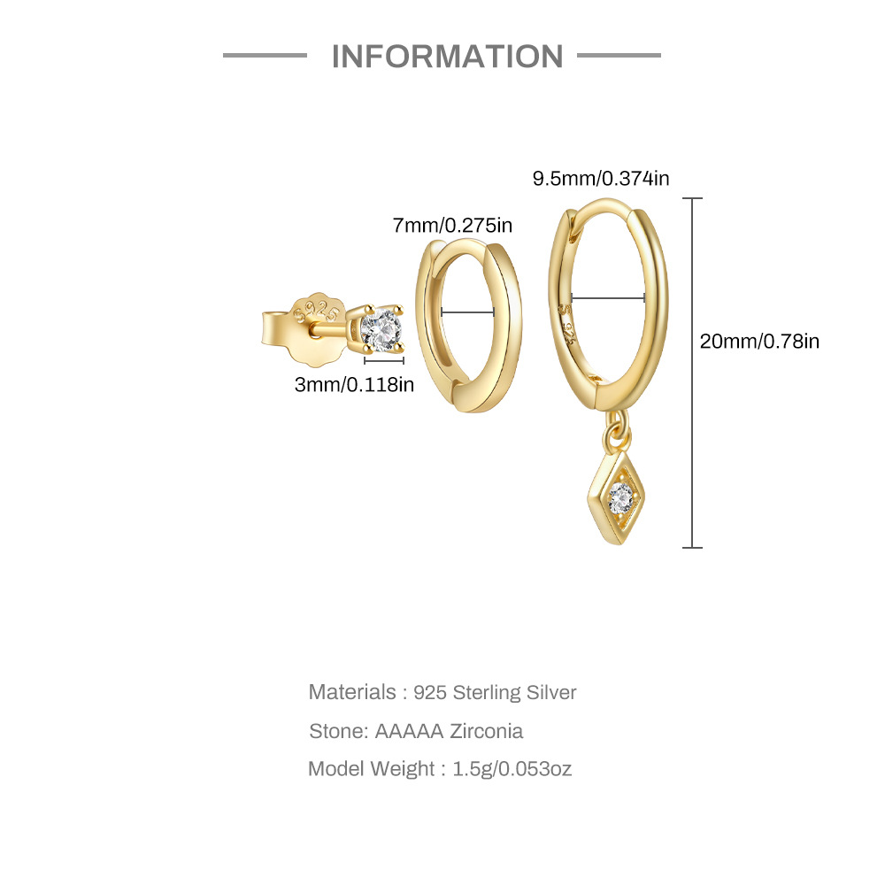 4g Weight Zircon Inlay Material Earrings Classification 3 Pieces Set Quantity Daily Occasion 925 Sterling Silver Material Geometric Pattern Women's Gender Plating, Inlay Design Simple Style Style 3 Pieces Set 925 Sterling Silver Zircon Geometric Earrings 1