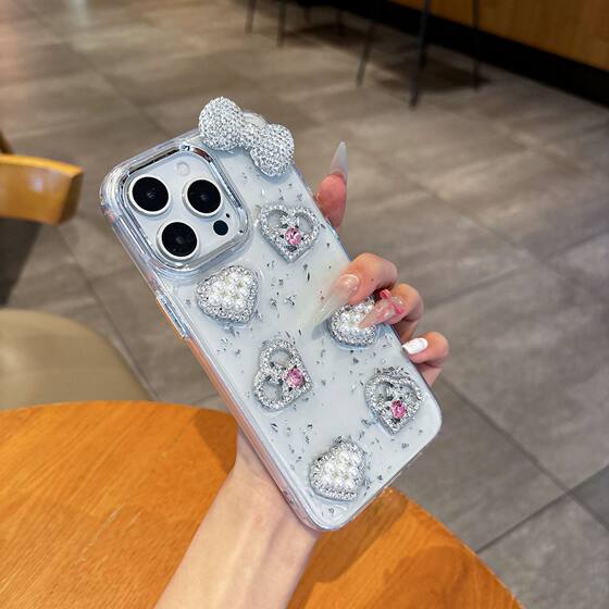 For Apple 16ProMax mobile phone case new iPhone15Pro three-dimensional pearl flash diamond love bow