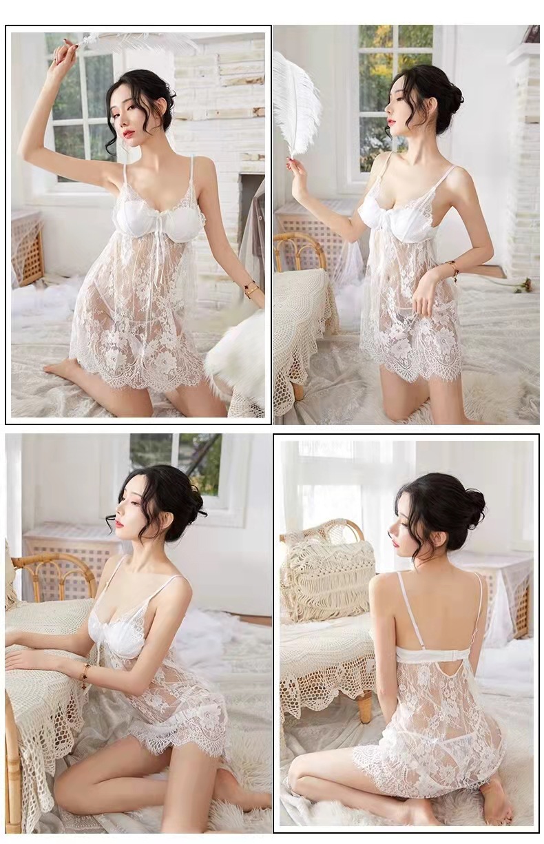 Lace Babydoll Nightdress with Underwire and Chest Pads, Sheer White Sleepwear Set with Thong — detail image 13