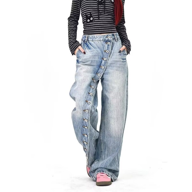 American retro washed diagonal button straight-leg jeans for women, with a unique design, loose, casual, versatile wide-leg pants American retro washed diagonal button straight-leg jeans for women, with a unique design, loose, casual, versatile wide-leg pants