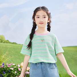 黁白女童条纹短袖t恤2026夏季儿童中大童圆领休闲上衣女孩洋气半