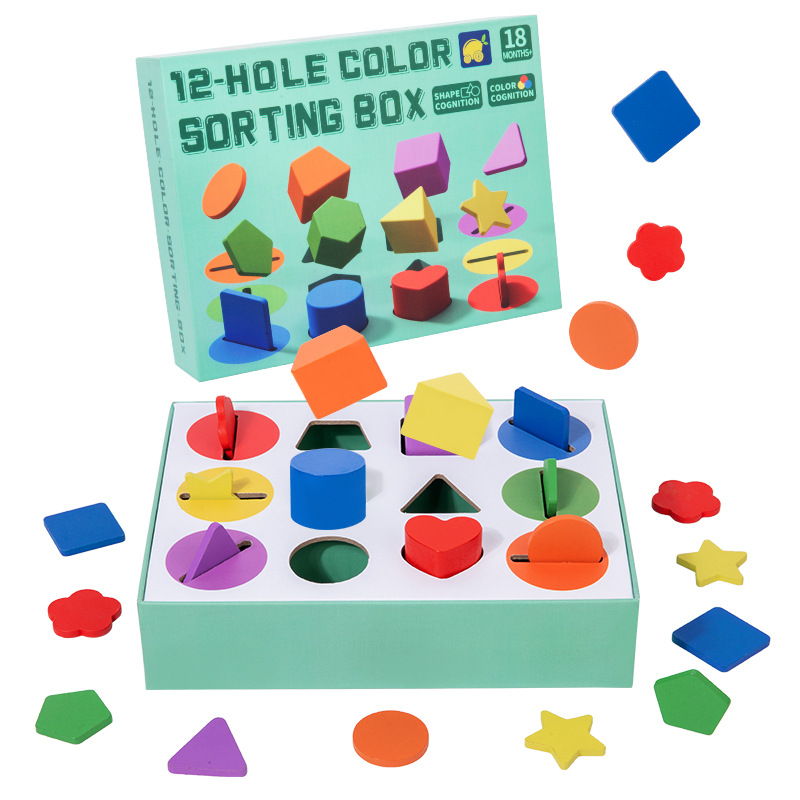 Weiweihu Children's Montessori Cross-border madera de doce agujeros caja de clasificación de formas de color bloques de construcción rompecabezas juguetes de partículas grandes