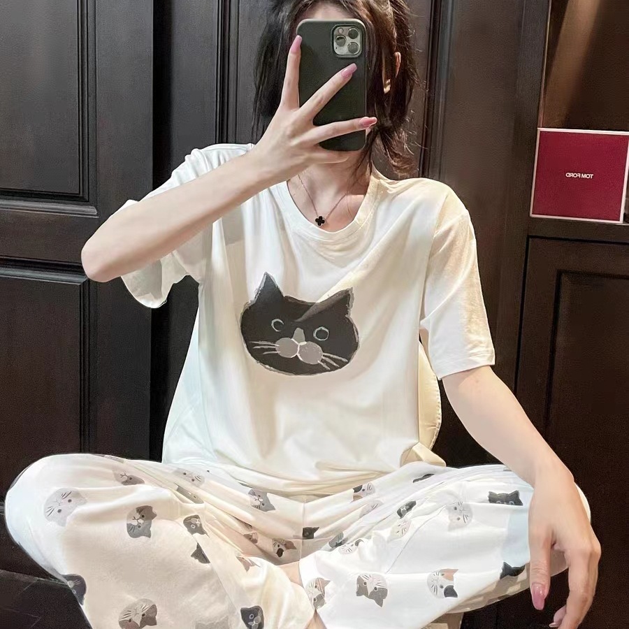 Korean-style Japanese-style Southeast Asian Pajamas Women's Cartoon Summer Short-sleeved Soft Cotton Smiley Face Loose Suit Thin Home Clothes