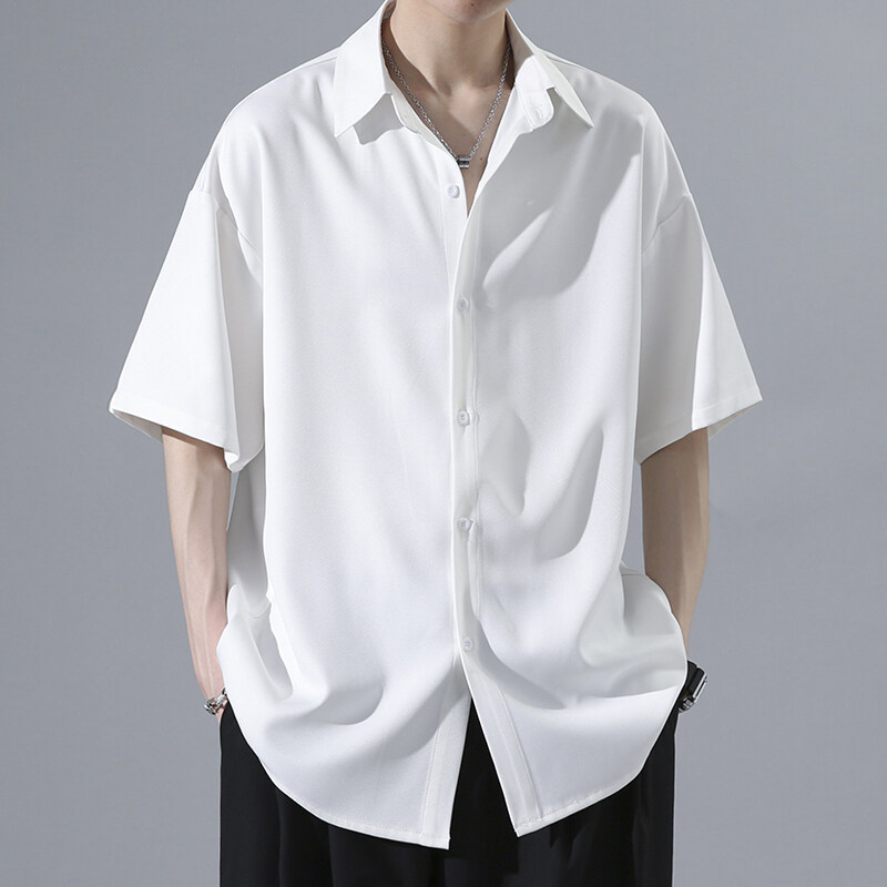 Men's summer thin ice silk short-sleeve shirt, trendy brand, loose fit, drapey, casual white shirt Men's summer thin ice silk short-sleeve shirt, trendy brand, loose fit, drapey, casual white shirt
