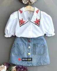 女童夏季新款刺繡泡泡袖襯衣+牛仔裙套裝寶寶兒童倆件套