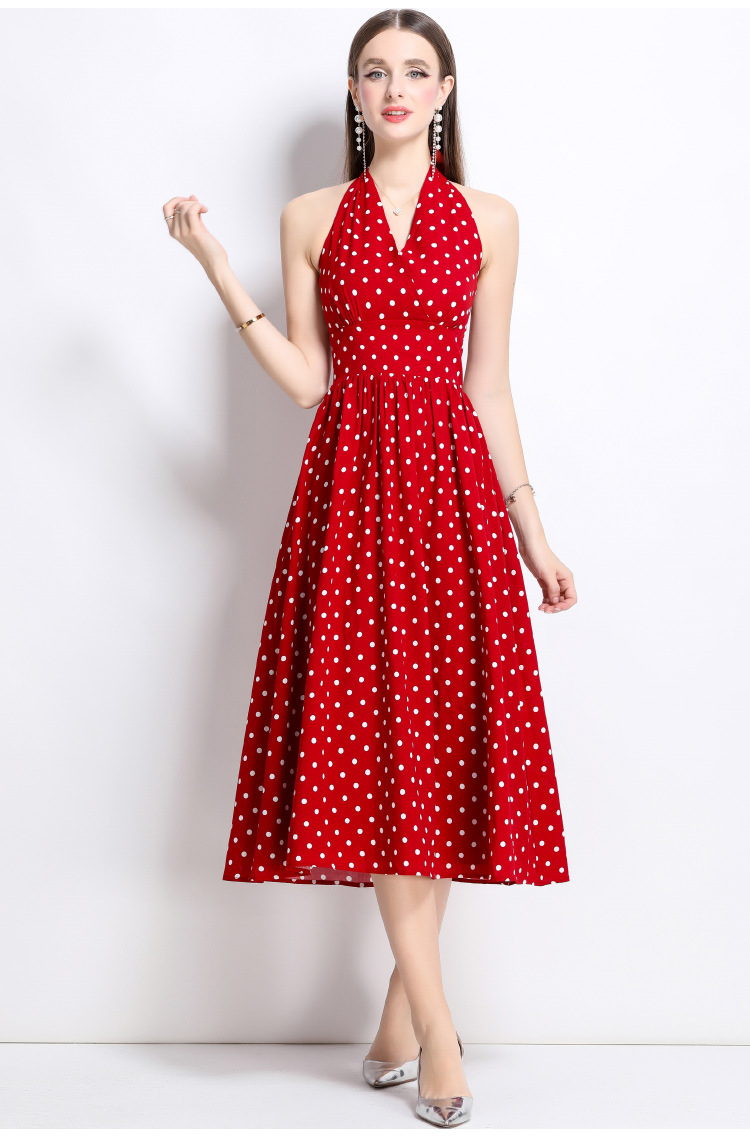 Đầm maxi cổ chữ V chấm bi đỏ phong cách Hồng Kông cổ điển, váy dài kiểu Pháp — Màu đen, Màu xanh lam, Màu trắng, Màu vàng chi tiết 5