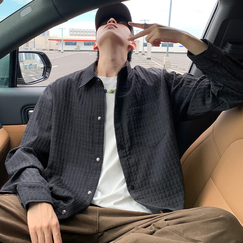 NASA格纹外套男春秋季潮流宽松风衣服青少年单排扣翻领衬衫式夹克|undefined