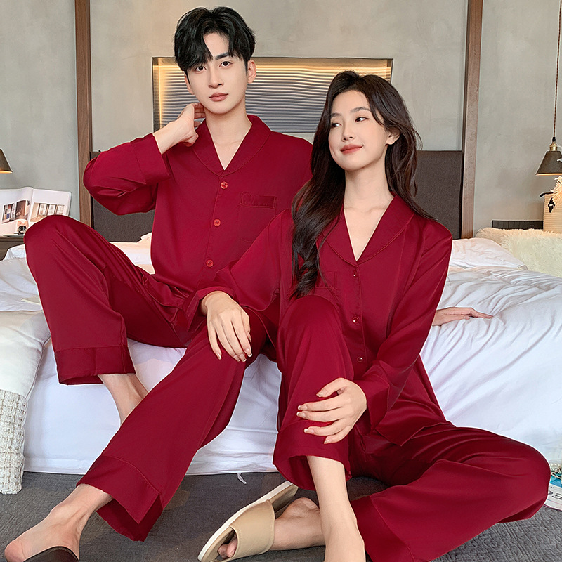 Qingguo Collar Couple Pajamas Ice Silk Spring and Autumn Wedding Red Wedding suit Long Sleeve Summer Home Clothes