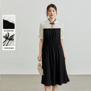 New Chinoiserie Dress Xianlixiu Plus Size Women's Clothing Contrasting Color Stitching Fake Two-piece Buckle Skirt Fat mm Summer Clothing New Style