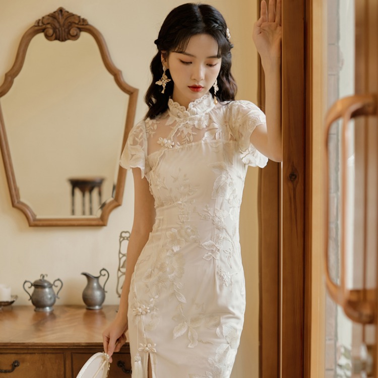 春夏国风改良版绣花旗袍少女蕾丝复古连衣裙2021新款性感花边盘扣|ms