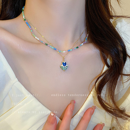 Small fresh and personalized crystal flower pearl stone beaded necklace fashionable and versatile clavicle chain sweet necklace wholesale