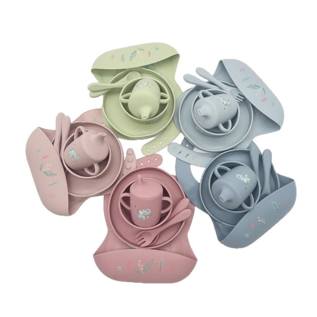 Baja de ventosas para niños, platos de comedor, cuencos, horquilla, tazas de agua, cubiertos de silicona para bebés