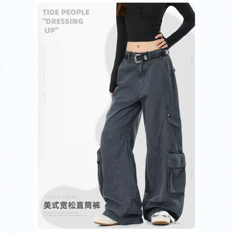 American-style vintage washed gray workwear wide-leg pants for women, high-waisted, with three-dimensional large pockets and drawstring design, straight-leg long pants American-style vintage washed gray workwear wide-leg pants for women, high-waisted, with three-dimensional large pockets and drawstring design, straight-leg long pants