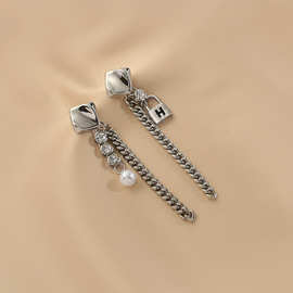 925银针镶钻珍珠流苏锁不对称耳环韩国气质长款耳钉小众百搭耳饰