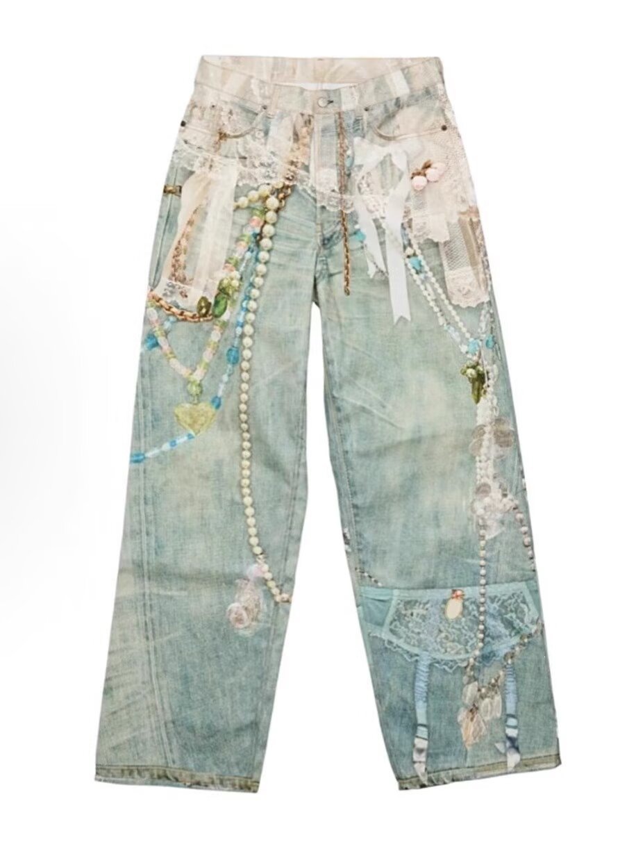 High Version~ A New 3D Printing Three-dimensional Lace Pearl Heavy Industry Printing Scimitar Straight Jeans Trousers_ecoleips.com