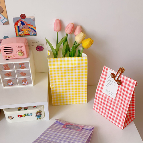 ins Korean style colorful plaid kraft paper bag gift packaging small gift paper bag cute storage and finishing bag trend