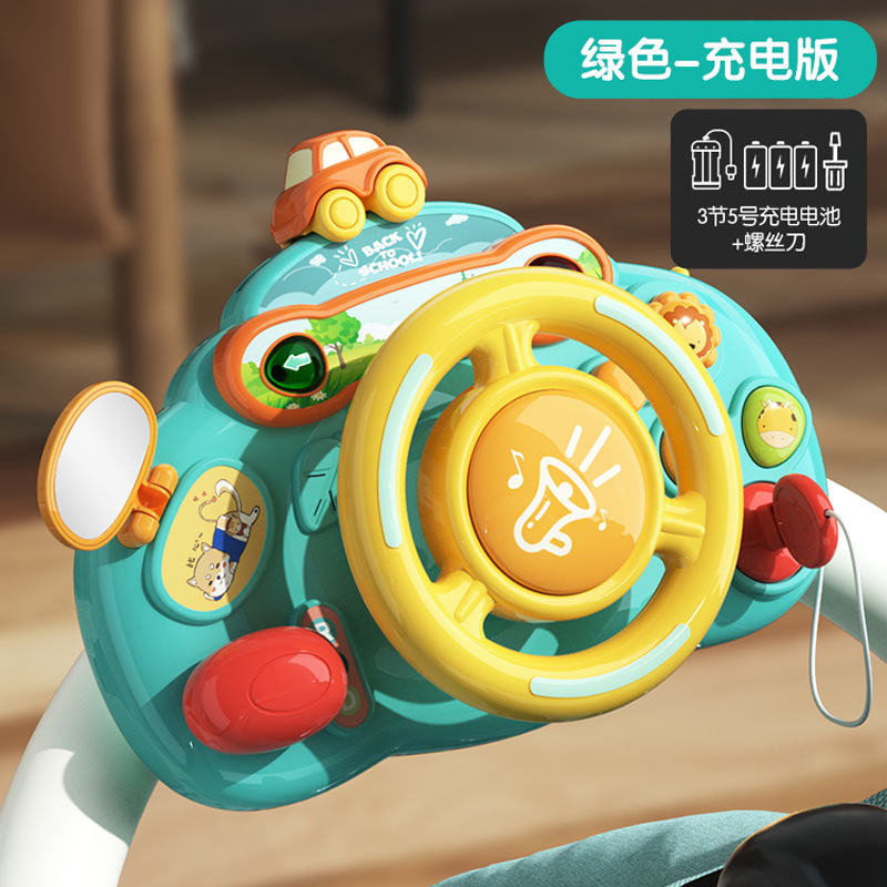 子供のハンドルのおもちゃはシミュレーションして車の後部座席の自動車の赤ちゃんの赤ちゃんの女性の男の子を運転します。