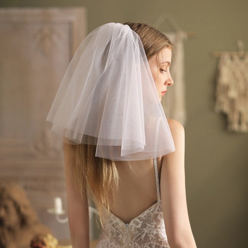 V805 simple soft mesh bridal veil double layer white short wedding dress photo studio styling accessories  new style