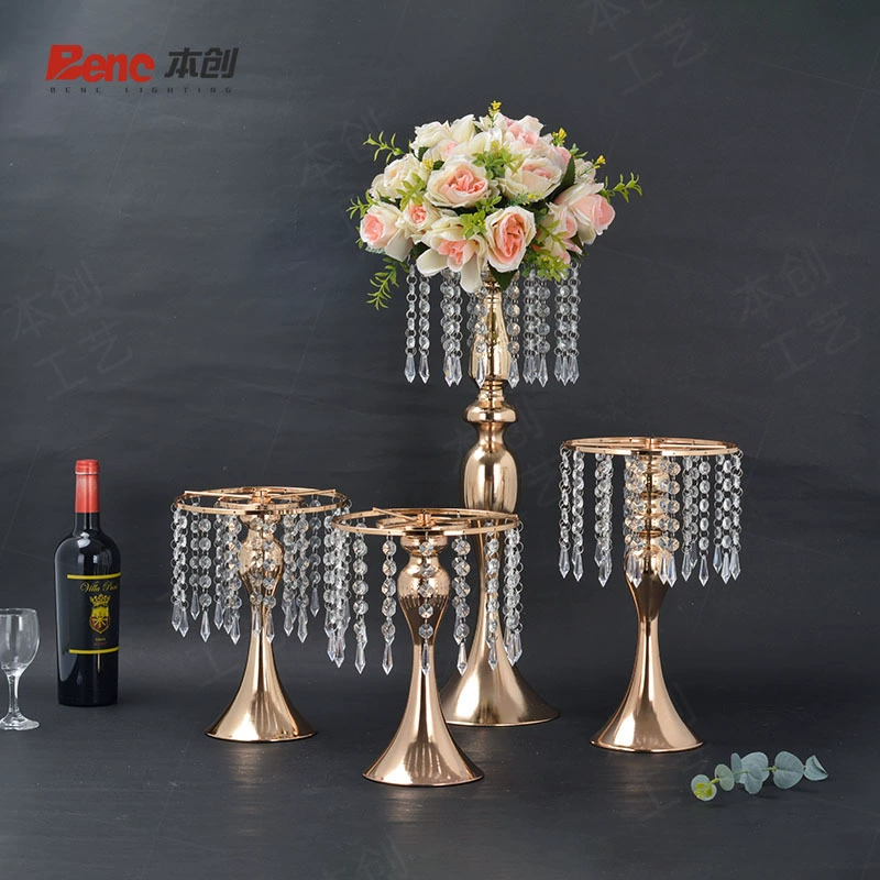 Table centerpiece stand 8360-1 — iron frame with crystal bead chains, chromine or golden, 20×H28–55 cm