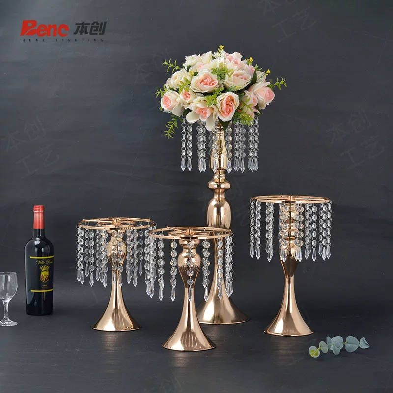 Table centerpiece stand 8360-1 — iron frame with crystal bead chains, chromine or golden, 20×H28–55 cm