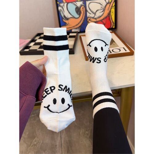 Korean Dongdaemun Dual Bar Smiling Socks Women's Mid-Calf Cotton Socks Autumn New Comfortable Breathable Sports Socks for Women
