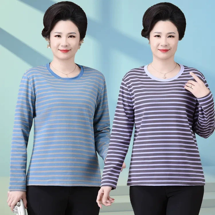2024 Весна и осень хлопковый топ для новой мамы с длинными рукавами для среднего и пожилого возраста, основа больших размеров, Свободный Топ в полоску с покрытием живота