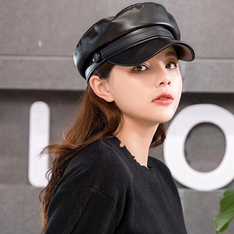 2025 新レザーネイビーハットヨーロッパとアメリカのファッションフラットトップ八角形帽子日本文学レトロフラットトップ帽子シンプルなキャスケット帽子|undefined